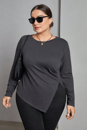 Woochic Haut grande taille col en rond irrégulier fente coupe ajustée gris 1XL